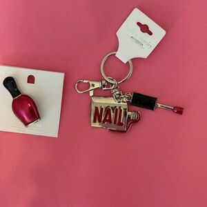 Nail Polish Keychain with Red and Black Accents Bundle with Nail Polish Broach